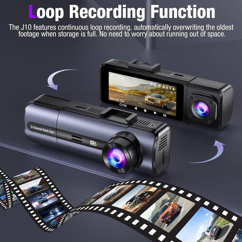 4K 3 Channel Wifi Dash Cam, 4K/2.5K+1080P+1080P Front inside and Rear, Triple Dash Camera with 64GB Card, APP Control, G-Sensor, Loop Recording, 24 Hours Parking Mode,Night Vision