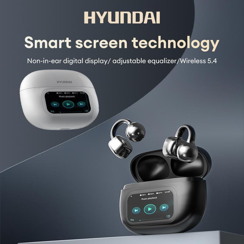 HYUNDAI C02 Clip-On Ear Electronic Headphones with LCD Full Color Touch Screen, Wireless Audio Earbuds Headset for Music & Phone Calls