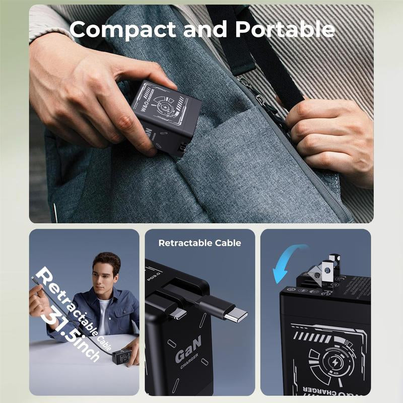 W&O 2-In-1 Gan 120W Fast Charger with Retractable Type-C and Ligtning Cable | Portable Adapter for Iphone 16, Ipad, Macbook, Multi-Device Fast Charging, Folding Charing