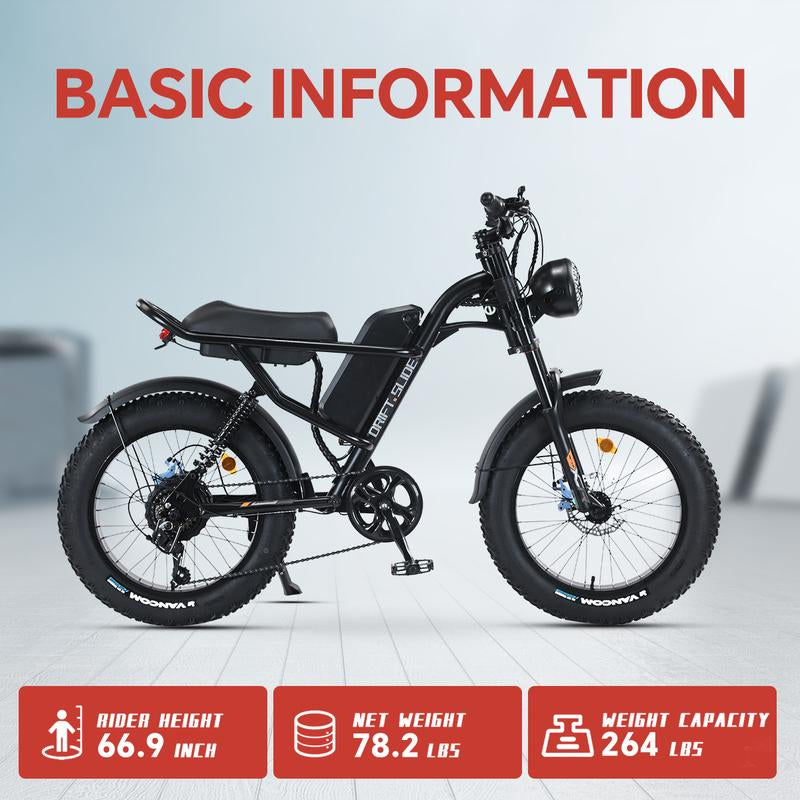 DRIFT.SLIDE 1500W Peak Power Electric Bike for Adults, 28 MPH 60 Miles Electric Moped Style Bike, 48V 20.8 Ah UL 2849 Removable Battery, 7 Speed 20" All Terrain Fat Tire Ebike (J1) Bicycle Light