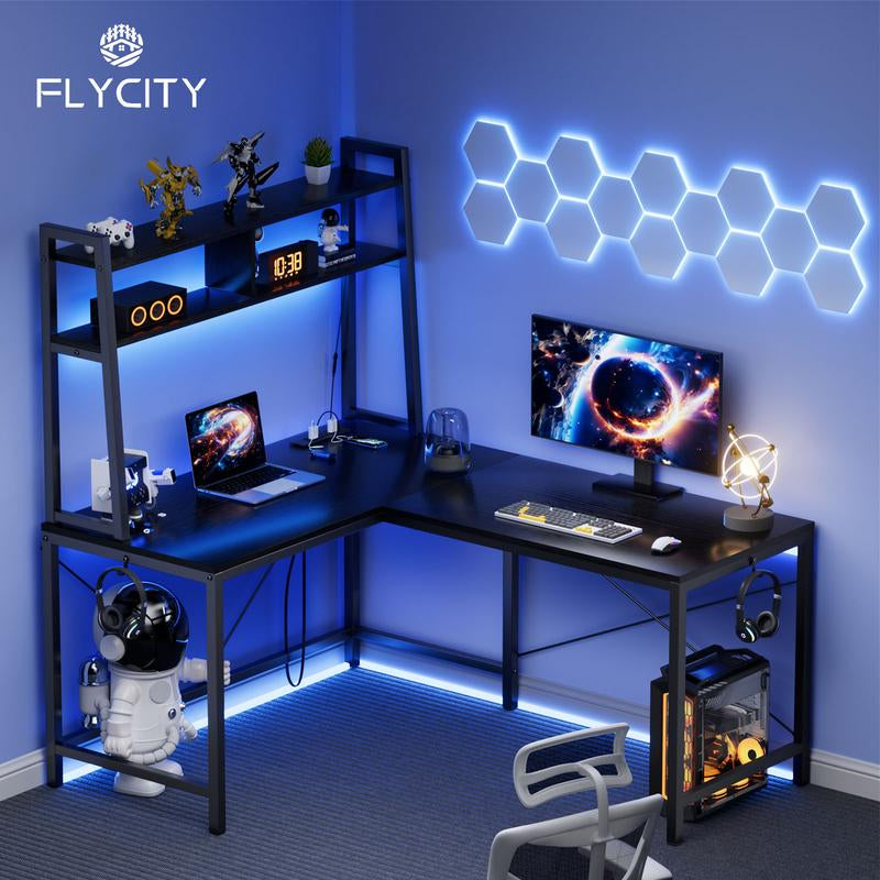 Flycity L-Shaped Gaming Desk or One-Line Table with LED Lights & Power Outlets,And Storage Shelves - 93.3 Inch Computer Desk, for Gaming Room, Study, Living Room Modern Furniture Home Office