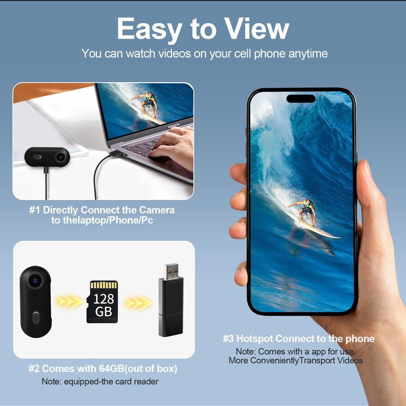 128GB 4K Thumb Action Camera, Thumb POV Portable Body Cam, Tiny Size, Hands Free, Mount Anywhere Magnetic Sport DV, Bike Cycling, Pet, Vlogging Water Proof Recording Handycam Automatic Phone Card, Thumb Action Camcorder
