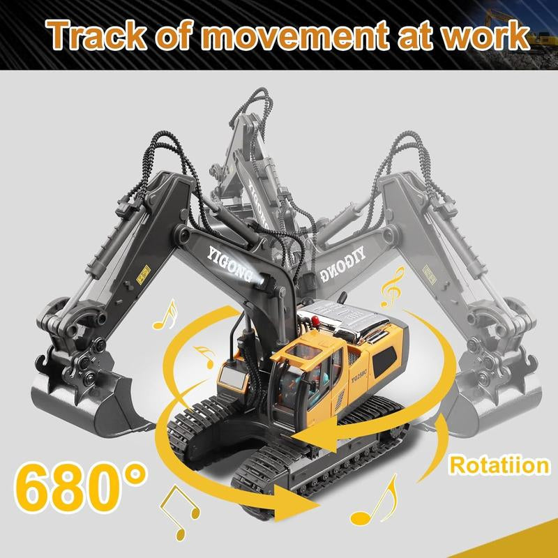 Remote Control Excavator Toys for Boys Turns 680-Degree 2 Batteries Metal Shovel Lights/Sounds Construction Toys Birthday Gifts Boy Toys for 3 4 5 6 7 8 Years Old