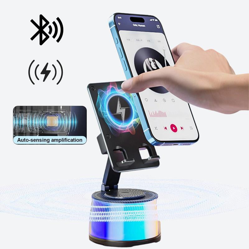 Wireless Induction Audio Bluetooth Speaker 5In1 Cellphone Holder USB Emergency Rechargeable (5000Mah) 360° Rotable Foldable Lift-Non-Slip Base, Portable Power Mobile Tablet Stand with Colorful Ambient Light Gifts for Friend, Family