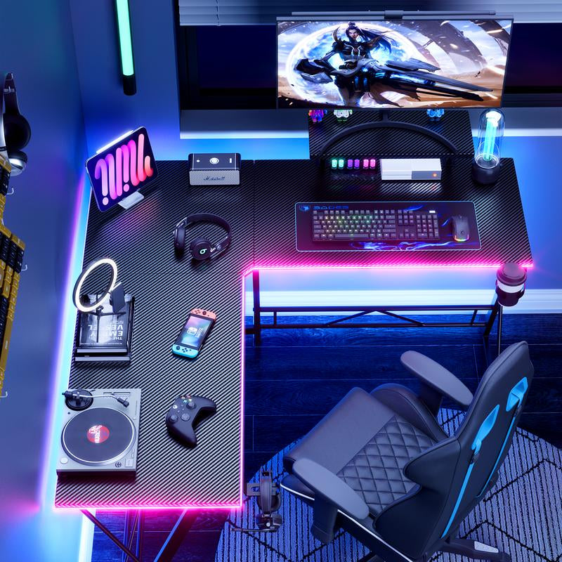Mr IRONSTONE L Shaped Gaming Desk with Led Lights Corner Computer Desk,L Shaped Desk with Carbon Fiber Surface, Home Office Desks Writing Workstation with Large Monitor Stand, Easy to Assemble