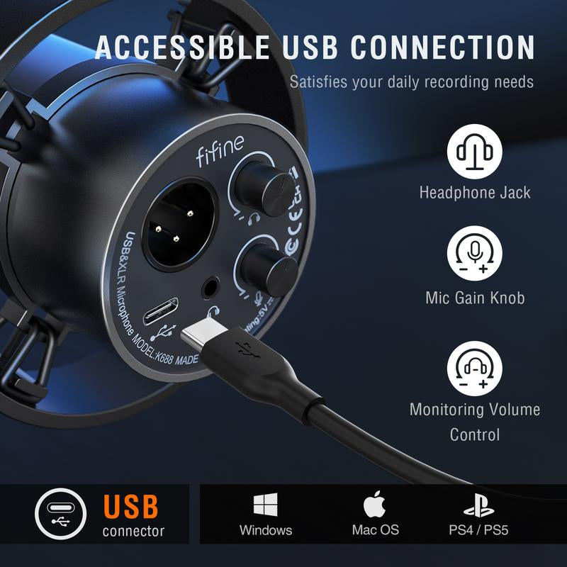 FIFINE K688 XLR/USB Dynamic Microphone, Studio XLR Vocal Podcast Microphone for Recording, USB Streaming Mic with Mute Button, Gain Knob, Headphones Jack for Voice-Over, Video,Gaming