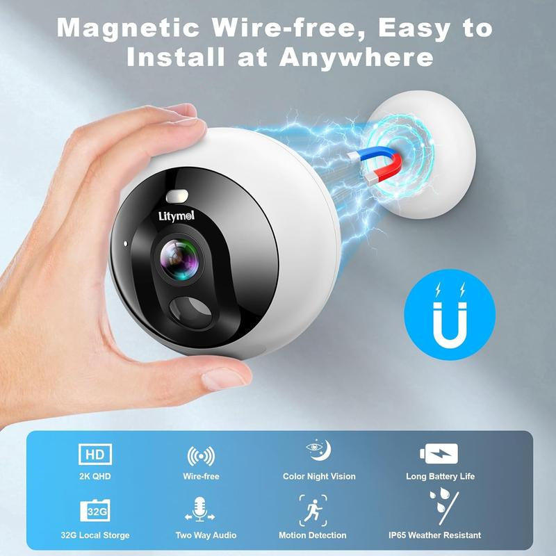 Litymol Magnetic Wireless Window Security Camera with 2K Resolution, AI Motion Detection, Color Night Vision, 2-Way Audio and Cloud Storage