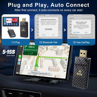【Yurnlv】Mini Al Box -Streaming Netflix/Youtube/Tiktok/Google Play to Your Car! 3 in 1 Wireless Carplay and Android Auto Adapter Suitable for Factory Wired Carplay Cars