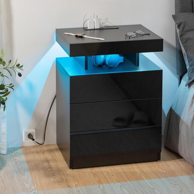 Black LED Nightstand with Charging Station 2 Outlets USB Port Type C, Bed Side Table with 2 Drawers & Wireless Charging Station, Smart LED Nightstand Modern High Gloss Night Table with Light