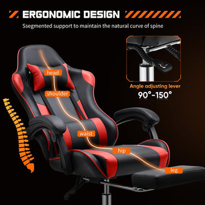 【Deal】Ergonomic Gaming Computer Chair with Footrest, PU Leather Recliner with Headrest, Fixed up Armrest, Height Adjustable with 360° Swivel