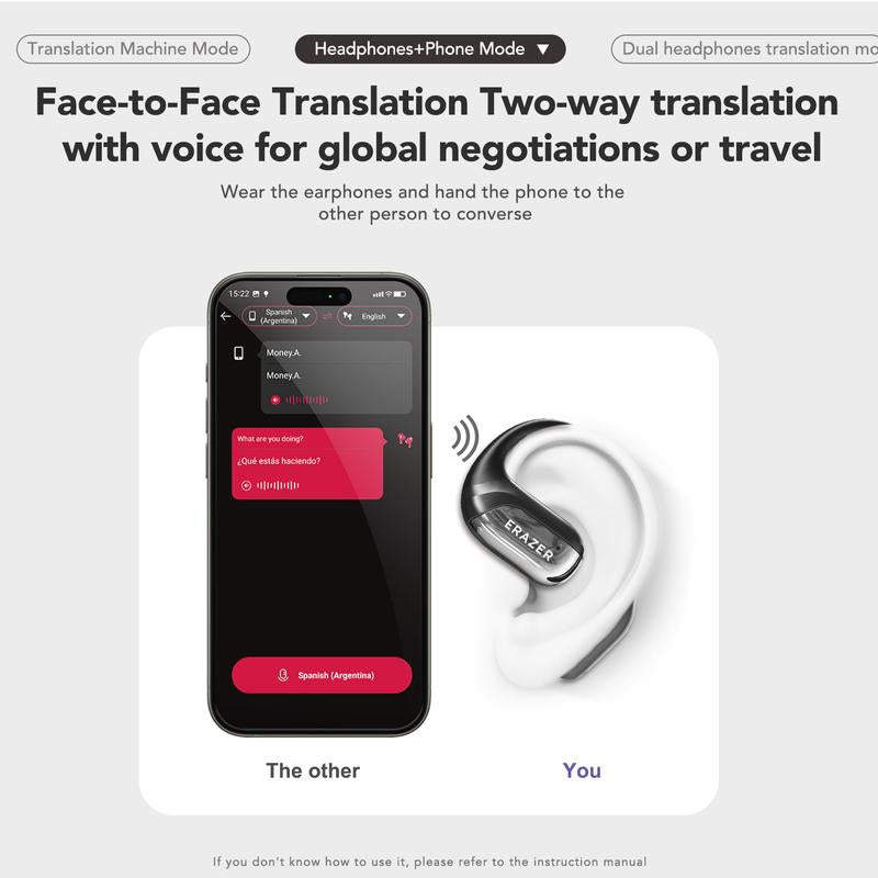 ERAZER Translation Earbuds Supports 134 Languages with Traslation APP Face-To-Face Translation Open Wireless Bluetooth Earbuds LED Touchscreen Earbuds HIFI Sound Quality Built-In Microphone Wireless Headphones Long Battery Earbuds Black Headset