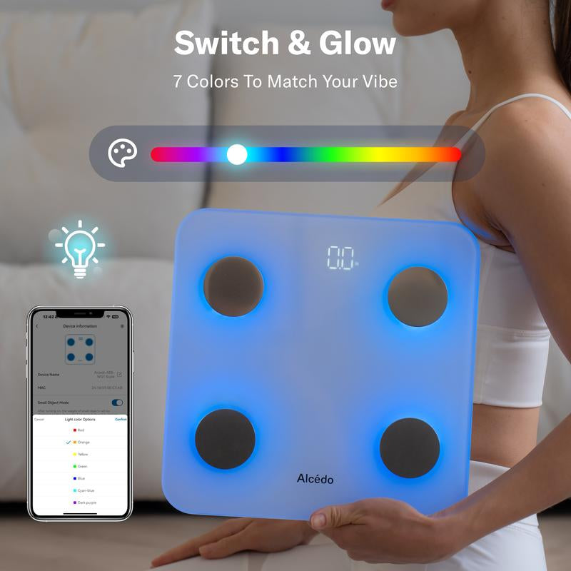 Alcedo Smart Scale for Body Weight, 7-Color Glowing Bluetooth Digital Bathroom Scale for BMI and Body Fat, Body Composition Monitor with Smartphone App, 400 Lbs Capacity