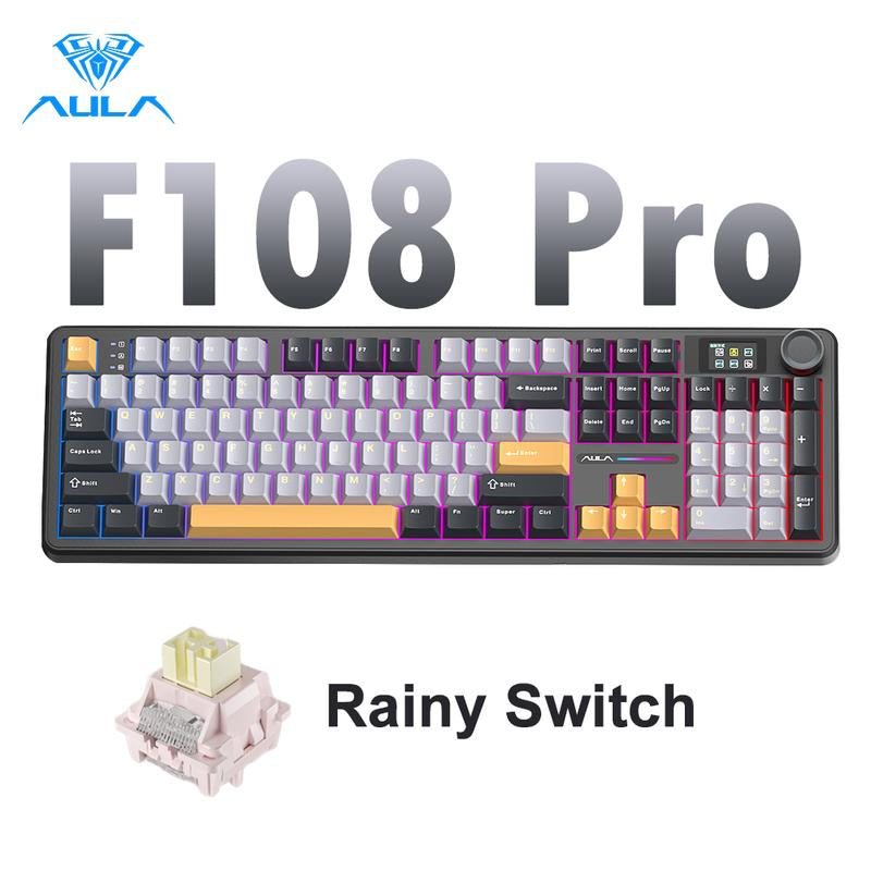 [New]Aula F108 Pro & F108 Full Size Wireless Mechanical Gaming Keyboard with Knob Smart Screen Num Pad Tri-Mode RGB Backlit Hot Swappable Customize Keyboard E-Sports Office Computer PC Accessories(F108Pro Red) Outdoorfun