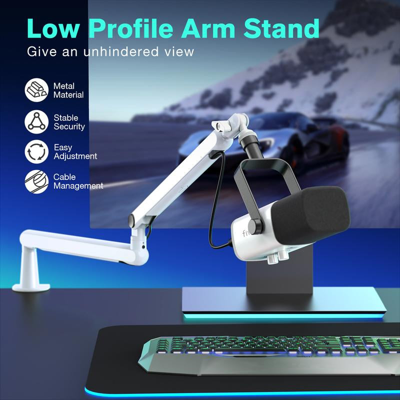FIFINE Low Profile Podcast Microphone Stand, BM88W Gaming Mic Boom Arm with Desk Mount, Cable Channels Management, Adjustable Metal Boom Arm White for Recording/Streaming/Gaming/Home Office