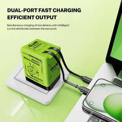 W&O 2-In-1 Gan 120W Fast Charger with Retractable Type-C and Ligtning Cable | Portable Adapter for Iphone 16, Ipad, Macbook, Multi-Device Fast Charging, Folding Charing