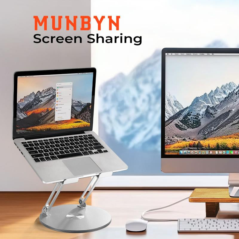【MUNBYN 360° Rotating Laptop Stand】Adjustable Foldable Aluminum Laptop Stand, 2-In-1 Multifunctional Laptop Stand Hub for Gaming Laptop & Mobile Stand,Gray