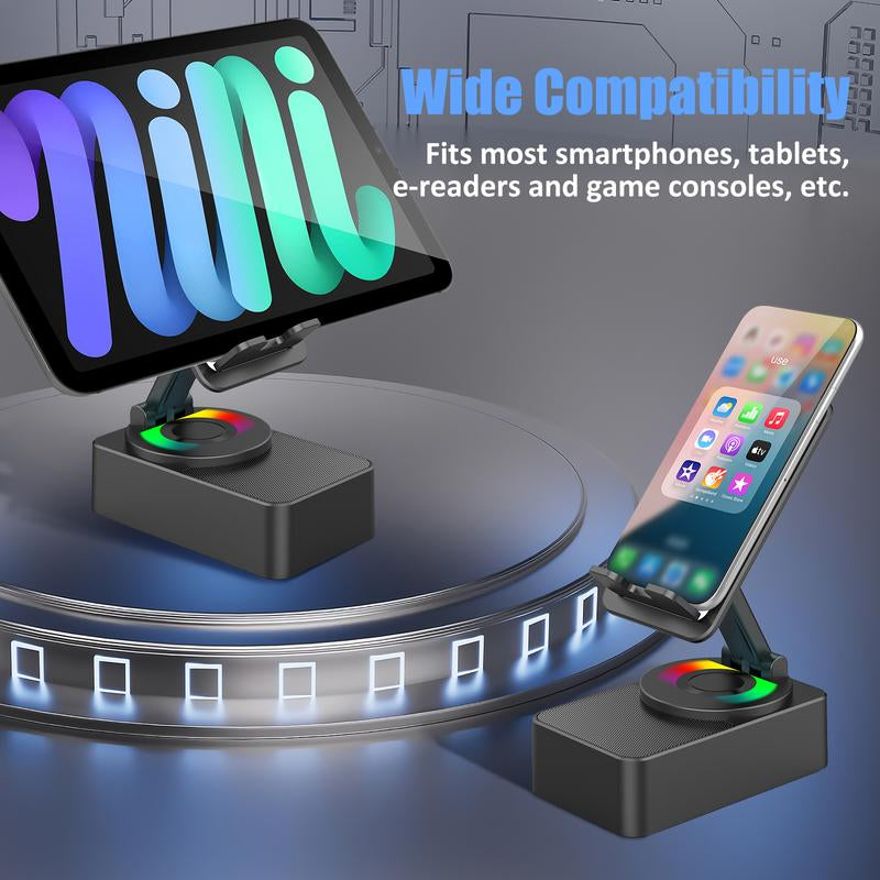 Upgraded 5In1 Wireless Bluetooth Speaker Phone Holder - Colorful Light Spinning Foldable Emergency Charging for Tablet IOS Android, Gift for Men Women