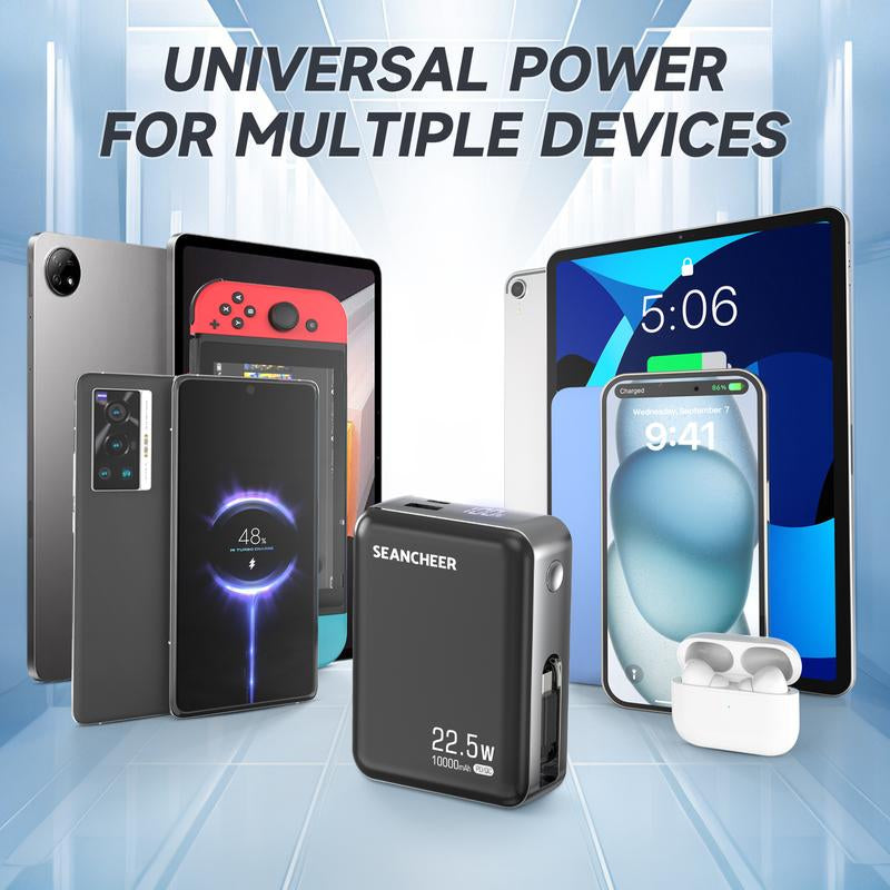 7L Small Portable Charger,10000Mah Power Bank with Built-In 22.5W Fast Charging Retractable USB-C Cable for Iphone 16/15 Series, Samsung, Android and More Travel