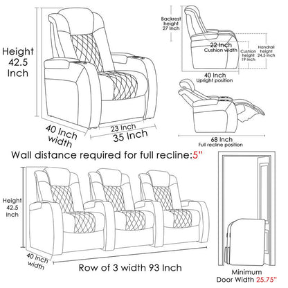 Weilianda Home Theater Seating Luxury Series Top Grain Nappa Leather Recliner Chair Dual Power Movie Gaming Sofa Electric Headrest with Tray Table Type-C USB Charge Cup Holders