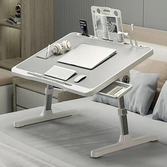 Laptop Bed Table - Adjustable Height, Foldable with USB Charging Port, Handle, Card Slot & Drawer - for Students & Remote Workers - Perfect for Dormitory, Bedside & Home Office