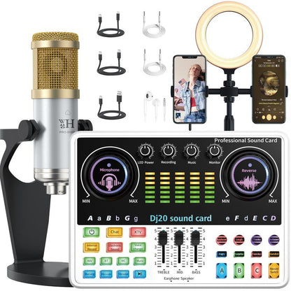 Portable Dj20 Live Sound Card + K20 48V Condenser Microphone Kit Kit Studio Mixer Live Broadcast 16 Sound Effects Recording Mixer