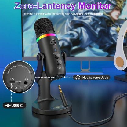 Zealsound USB Microphone,Noise Cancellation Condenser Mic with Touch Mute,Gain,Echo,Monitoring,Rgb Light for Iphone,Ipad,Streaming,Podcast,Twitch,Youtube,Discord,Pc,Computer,Ps4,Ps5,Mac,Gamerwave K66