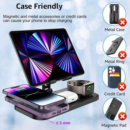 4-In-1 Wireless Charging Station with Wired Ipad Charger | Foldable Multi-Device Charging Stand for Apple - Iphone 16/15/14 Pro Max/13/12/11, Apple Watch Series 8/7/6/5/4/3/2/SE, Airpods 3/2/Pro | Overcharge Protection & Space-Saving Design