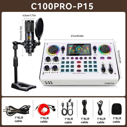 Hicall C100PRO-P15 Live Audio Mixer, 48V Digital Sound Card, Dual DSP Chips, High Sampling Rate, Custom Effects, Sing Along, Instrument Reverb, Digital Display, Mute, RGB Light#Outdoorfun