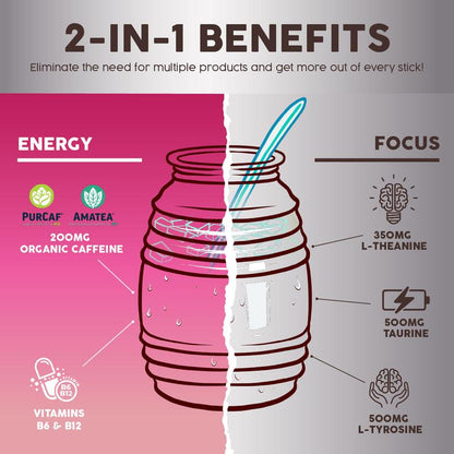 Salud 2-In-1 Energy & Focus Drink Mix with 200Mg Organic Caffeine, Pitaya (Dragon Fruit) Flavor, 350Mg L-Theanine & 500Mg L-Tyrosine, Clean Energy Drink, Vegan, Non-Gmo, Gluten Free - Beverage