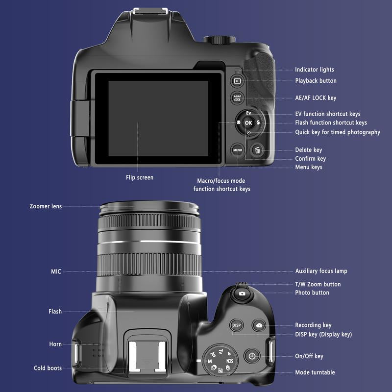 Black 4K Digital Camera with Flip Screen, 10X Optical Zoom, Dual Batteries, 64GB SD Card, Ideal for Vlogging and Travel Photography