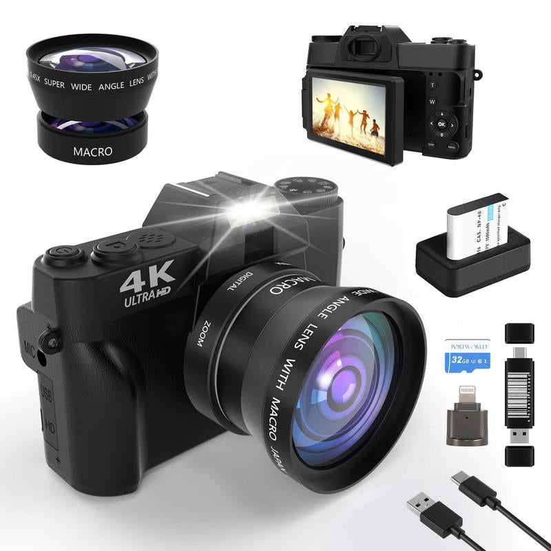 4K 56MP Vlogging Camera with 180° Flip Screen, Compact Camera with 16X Digital Zoom, 32GB TF Card, 1 Battery (Black)