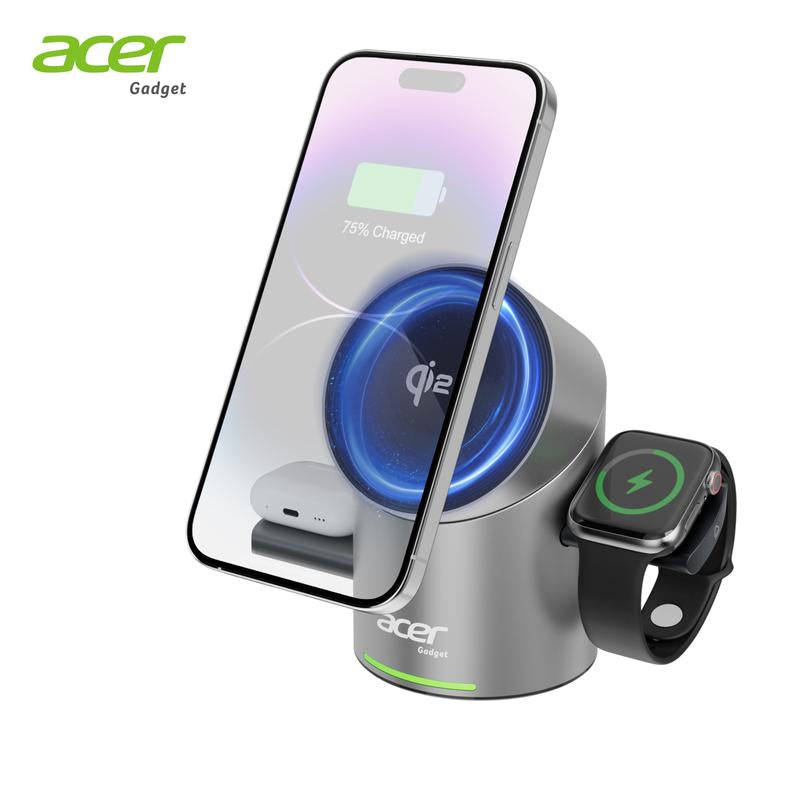Acer 3 in 1 Charging Station for Apple, Qi2 15W Iphone Wireless Charging Station, Magsafe Charger Stand Iphone 16/15/14/13/12, Iwatch, Airpods ,Wireless Charger 33W Adapter, FCC Certified Futuristic Adjustable Electronic Magnetic Phone Charger from Future
