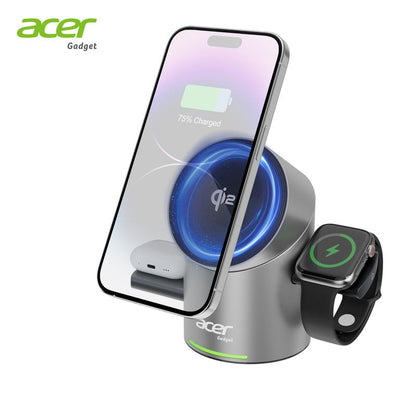 Acer 3 in 1 Charging Station for Apple, Qi2 15W Iphone Wireless Charging Station, Magsafe Charger Stand Iphone 16/15/14/13/12, Iwatch, Airpods ,Wireless Charger 33W Adapter, FCC Certified Futuristic Adjustable Electronic Magnetic Phone Charger from Future