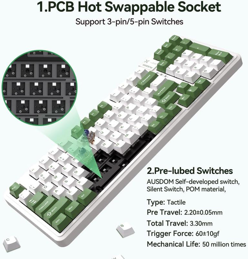 AUSDOM 98Pro Silent Mechanical Keyboard,Wireless Hot Swappable Gaming Keyboard with Backlit,Gasket Structure,Pre-Lubed Tactile Switches,2.4Ghz/Type-C/Bluetooth Custom Keyboard