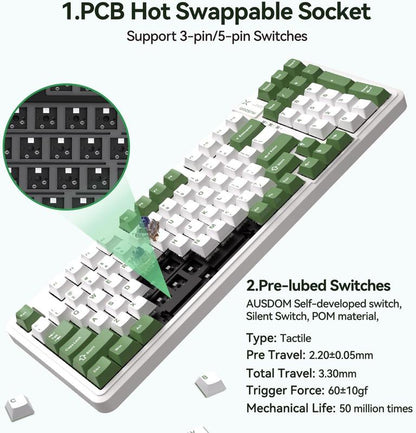 AUSDOM 98Pro Silent Mechanical Keyboard,Wireless Hot Swappable Gaming Keyboard with Backlit,Gasket Structure,Pre-Lubed Tactile Switches,2.4Ghz/Type-C/Bluetooth Custom Keyboard