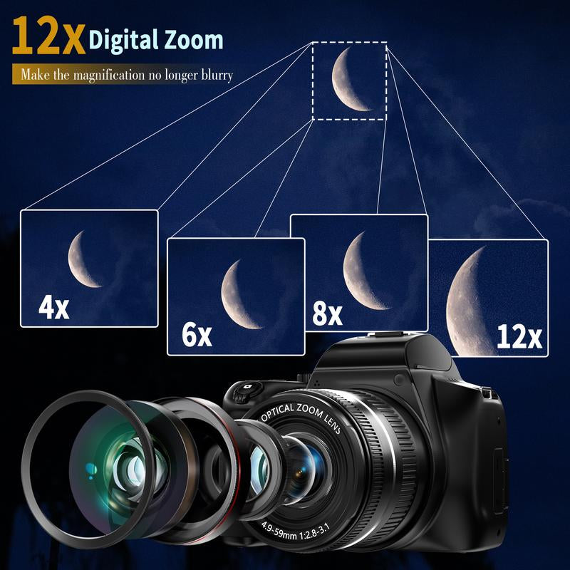 Black 4K Digital Camera with Flip Screen, 10X Optical Zoom, Dual Batteries, 64GB SD Card, Ideal for Vlogging and Travel Photography