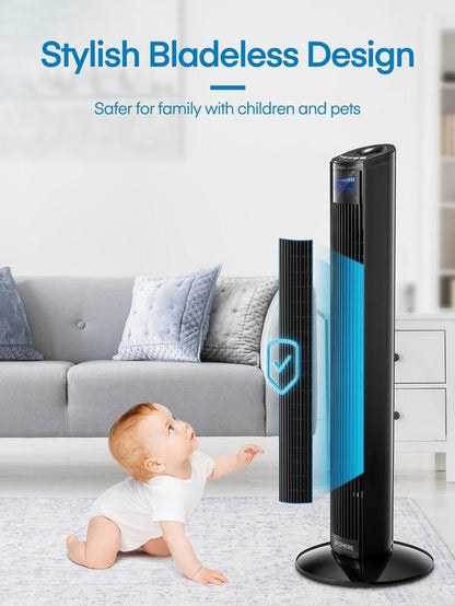 FOHERE Tower Fan for Indoors, 36" Oscillating Tower Cooling Fan with Remote Control, 12-Hour Timer and Sleep Mode,Standing Fan for Office, Portable Stand up Floor Bladeless Fan (Black)