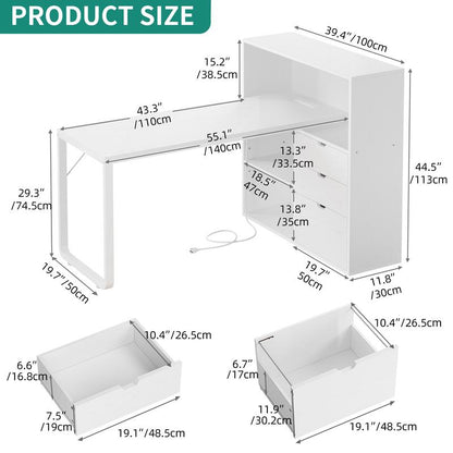 YITAHOME L Shaped Desk with Power Outlets & LED Lights & File Cabinet, 55" Corner Computer Desk with 3 Drawers & 3 Storage Shelves, Home Office Desk with Bookshelf