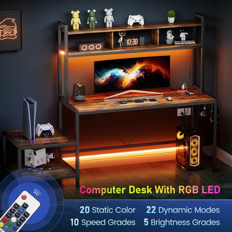 Flycity L-Shaped Gaming Desk or One-Line Table with LED Lights & Power Outlets,And Storage Shelves - 93.3 Inch Computer Desk, for Gaming Room, Study, Living Room Modern Furniture Home Office