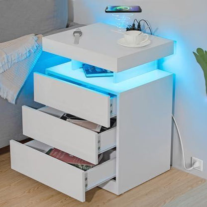 Black LED Nightstand with Charging Station 2 Outlets USB Port Type C, Bed Side Table with 2 Drawers & Wireless Charging Station, Smart LED Nightstand Modern High Gloss Night Table with Light