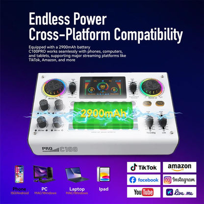 Hicall C100PRO-P15 Live Audio Mixer, 48V Digital Sound Card, Dual DSP Chips, High Sampling Rate, Custom Effects, Sing Along, Instrument Reverb, Digital Display, Mute, RGB Light#Outdoorfun