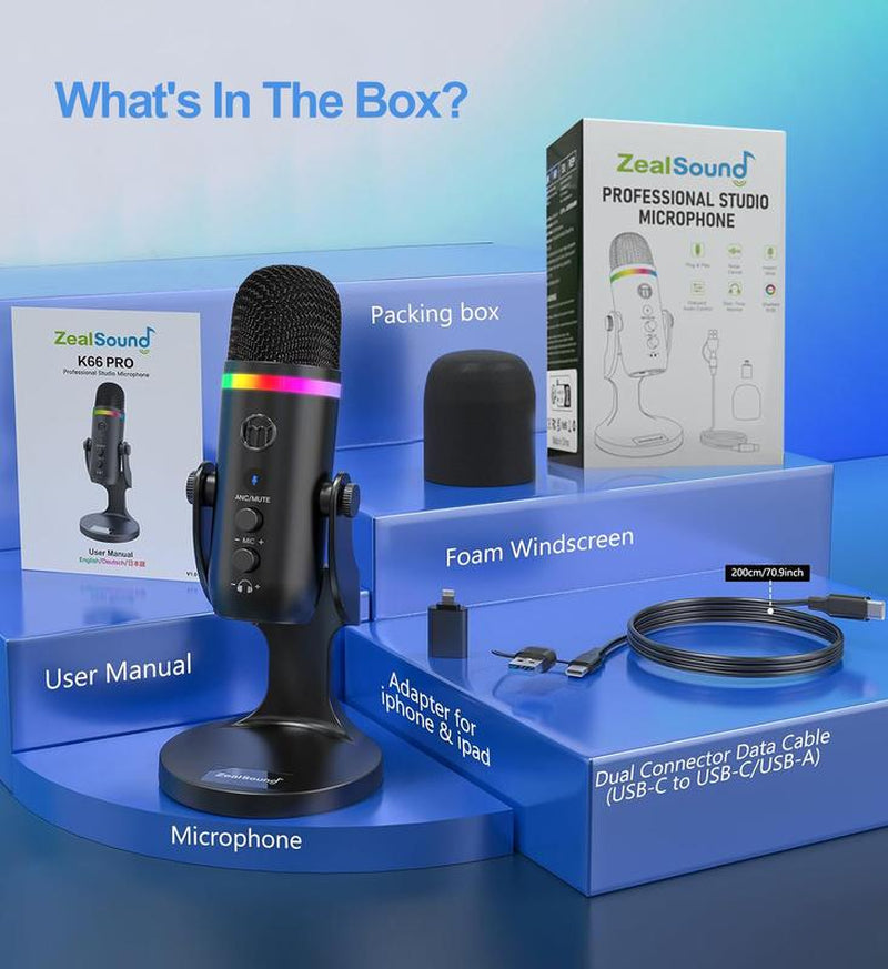 Zealsound USB Microphone,Noise Cancellation Condenser Mic with Touch Mute,Gain,Echo,Monitoring,Rgb Light for Iphone,Ipad,Streaming,Podcast,Twitch,Youtube,Discord,Pc,Computer,Ps4,Ps5,Mac,Gamerwave K66