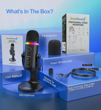 Zealsound USB Microphone,Noise Cancellation Condenser Mic with Touch Mute,Gain,Echo,Monitoring,Rgb Light for Iphone,Ipad,Streaming,Podcast,Twitch,Youtube,Discord,Pc,Computer,Ps4,Ps5,Mac,Gamerwave K66