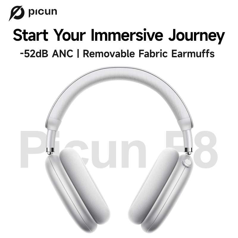 Picun F8 Pro Wireless Headphones - 52Db Noise Cancellation, 5 Smart ENC Mics, Detachable Fabric Ear Cushions, 140 Hour Long Battery Life, Premium Audio Seamless Dual Device Connection for All-Day Use and Boosted Productivity Bluetooth