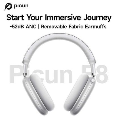 Picun F8 Pro Wireless Headphones - 52Db Noise Cancellation, 5 Smart ENC Mics, Detachable Fabric Ear Cushions, 140 Hour Long Battery Life, Premium Audio Seamless Dual Device Connection for All-Day Use and Boosted Productivity Bluetooth