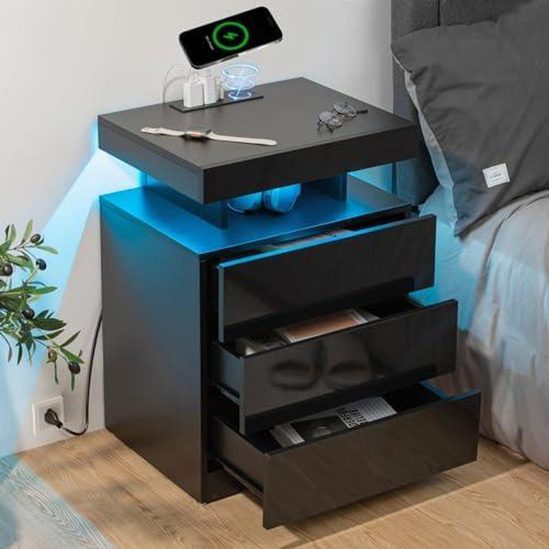 Black LED Nightstand with Charging Station 2 Outlets USB Port Type C, Bed Side Table with 2 Drawers & Wireless Charging Station, Smart LED Nightstand Modern High Gloss Night Table with Light