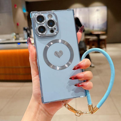 Right Angle Anti-Drop Magnetic Suction Solid Color Electroplated Side Heart + Hand Strap Compatible with Ip16 Pro Max 15 14 13 12 Phones Cases Protector Cover Protective
