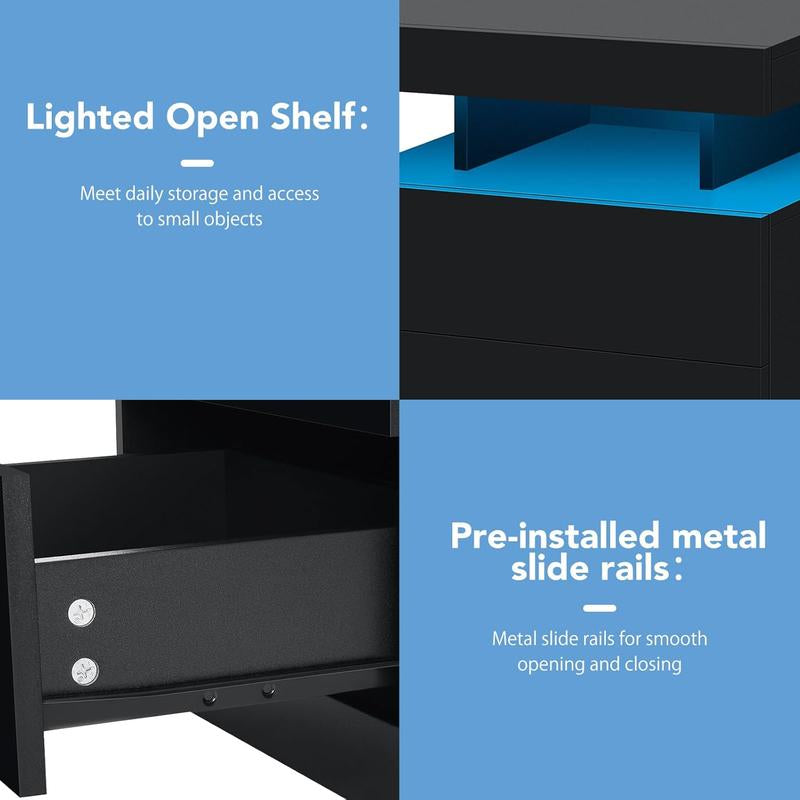 Black LED Nightstand with Charging Station 2 Outlets USB Port Type C, Bed Side Table with 2 Drawers & Wireless Charging Station, Smart LED Nightstand Modern High Gloss Night Table with Light