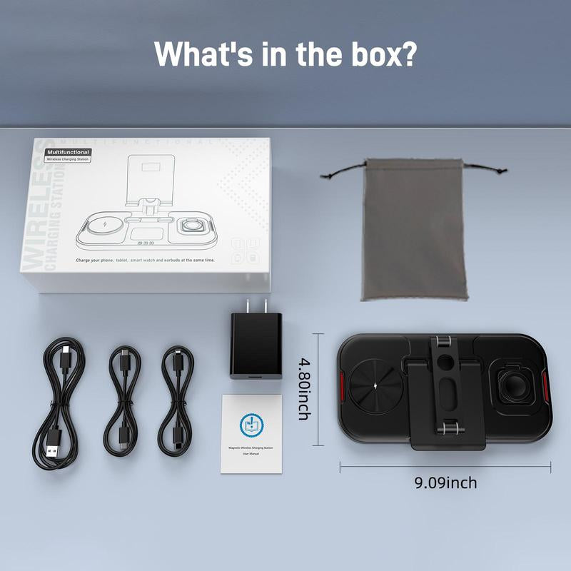 4-In-1 Wireless Charging Station with Wired Ipad Charger | Foldable Multi-Device Charging Stand for Apple - Iphone 16/15/14 Pro Max/13/12/11, Apple Watch Series 8/7/6/5/4/3/2/SE, Airpods 3/2/Pro | Overcharge Protection & Space-Saving Design