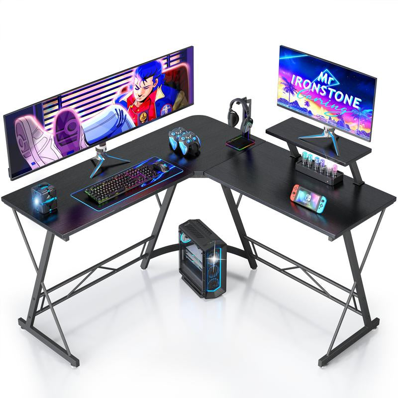 Mr IRONSTONE L Shaped Gaming Desk with Led Lights Corner Computer Desk,L Shaped Desk with Carbon Fiber Surface, Home Office Desks Writing Workstation with Large Monitor Stand, Easy to Assemble